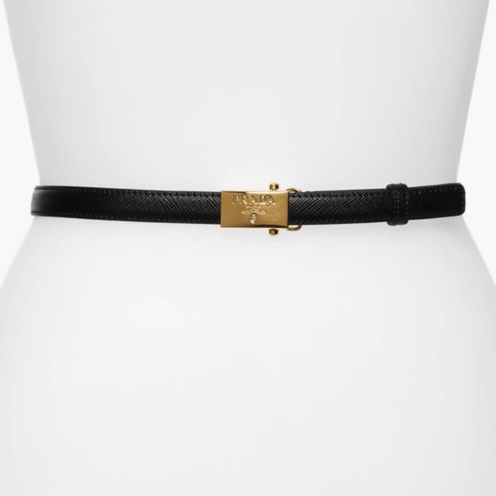 Prada Logo Buckle Saffiano Calfskin Leather Skinny Belt